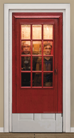 Harry Potter Telephone Booth Door Cover Decoration features door sized printed backdrop designed to replicate the iconic bright red British telephone booth used as the secret entrance to the Ministry of Magic; the design includes a richly colored red door with paneled molding and multiple window panes, behind which are printed images of Harry Potter and Arthur Weasley standing inside, along with interior booth details like directory listings and a classic rotary phone, creating a layered, cinematic illusion
