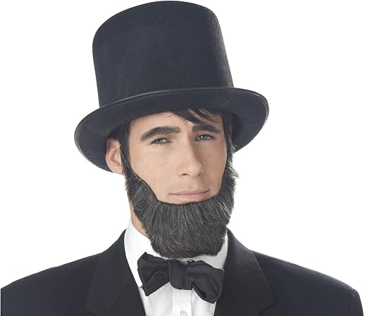 Man in the Honest Abe Abraham Lincoln Costume Beard Featuring a dark brown to black synthetic beard designed in a traditional chin curtain style with full coverage along the jawline and chin, a trimmed shape that leaves the upper lip exposed, and an elastic band for secure, comfortable wear around the head.