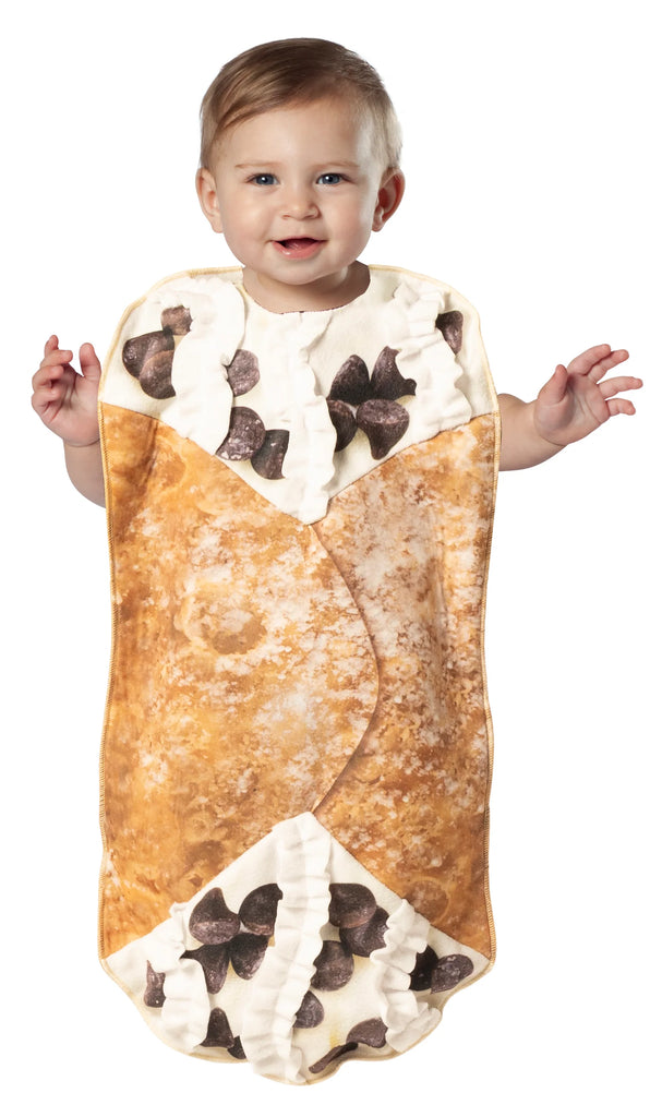 Baby in the Infants Cute Cannoli Bunting Costume Featuring a sleeveless infant bunting costume designed to resemble a cannoli pastry, with an all-over printed golden-brown pastry shell exterior, white cream filling details at the top and bottom openings, printed chocolate chip accents, soft ruffled fabric trim representing cream filling, rounded rectangular shape, and finished edge binding around the perimeter.