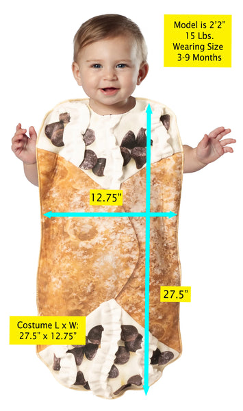 Measurements of Infants Cute Cannoli Bunting Costume Featuring a sleeveless infant bunting costume designed to resemble a cannoli pastry, with an all-over printed golden-brown pastry shell exterior, white cream filling details at the top and bottom openings, printed chocolate chip accents, soft ruffled fabric trim representing cream filling, rounded rectangular shape, and finished edge binding around the perimeter.
