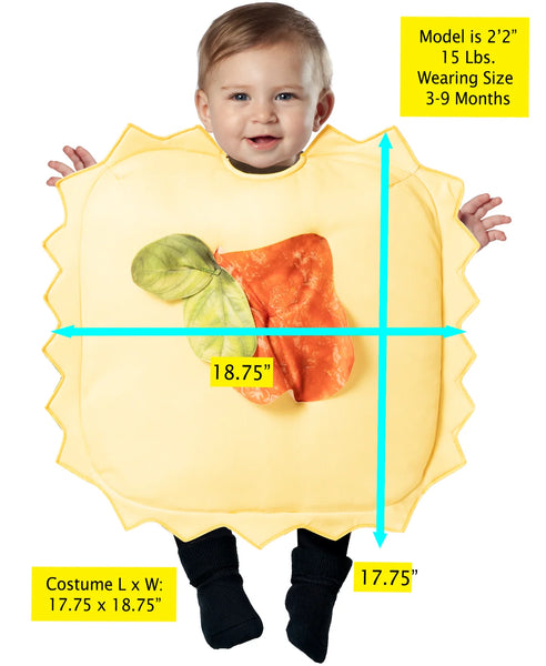 Measurements of the Little Ravioli Pasta Bunting Costume Featuring a soft infant bunting costume designed to resemble a ravioli pasta square, with a light yellow fabric body, scalloped edges around the perimeter to mimic pasta crimping, a rounded neck opening, and a dimensional red sauce dollop accented with green basil leaves attached to the front center. The costume has a cushioned square shape with clean edge binding and a simple slip-on design.