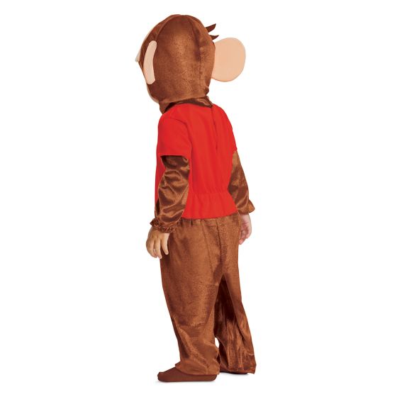 Back of a toddler standing in Infants Toddlers Curious George Costume featuring a soft one‑piece jumpsuit designed in warm brown tones with an attached red shirt front printed with the “Curious George” logo in bright yellow lettering. The jumpsuit has long sleeves and full‑length pants for a cozy, comfortable fit. It is paired with a character headpiece designed with George’s signature smiling face and oversized rounded ears