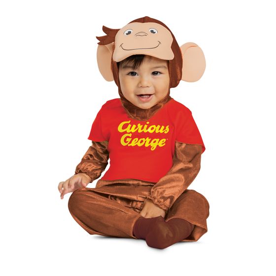 Toddler sitting in Infants Toddlers Curious George Costume featuring a soft one‑piece jumpsuit designed in warm brown tones with an attached red shirt front printed with the “Curious George” logo in bright yellow lettering. The jumpsuit has long sleeves and full‑length pants for a cozy, comfortable fit. It is paired with a character headpiece designed with George’s signature smiling face and oversized rounded ears