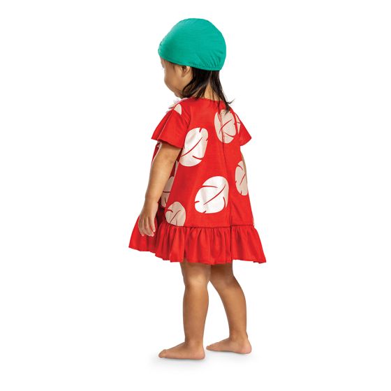 Back of girl in the Infants/Toddlers Disney's Lilo & Stitch Posh Lilo Costume Featuring a short-sleeve red dress with an allover white leaf print, this costume includes a loose-fit silhouette with a dropped waist and a ruffled hemline. The set is paired with a matching diaper cover and a teal headwrap styled with a knotted front detail and an attached red flower accent, along with an attached faux flower lei featuring multicolored petals arranged around the neckline.