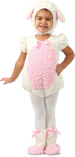 Girl in the Infants Toddlers Littlest Lamb Costume Featuring a soft, plush tunic crafted from textured cream fabric designed to resemble fluffy lamb wool, with a rounded silhouette, short puff sleeves, a large pink textured belly panel, and a matching hood headpiece with floppy ears lined in pink, along with coordinating leg coverings accented with bows and soft pink hoof-style foot covers.