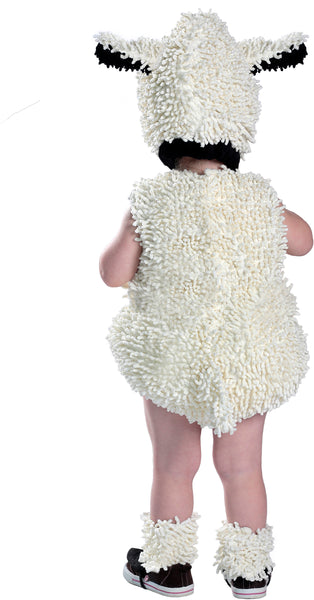 Back of child in the Infants Toddlers Lovely Lamb Costume Featuring a soft plush tunic made from thick, looped cream-colored fabric designed to mimic fluffy lamb wool, with a rounded, padded body shape, a sleeveless slip-on design, matching leg warmers, and a coordinating hood headpiece complete with floppy ears accented in black and a chin strap detail with a small attached bell.