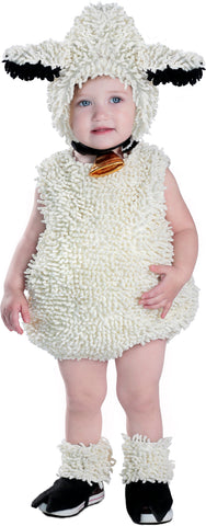 Child in the Infants Toddlers Lovely Lamb Costume Featuring a soft plush tunic made from thick, looped cream-colored fabric designed to mimic fluffy lamb wool, with a rounded, padded body shape, a sleeveless slip-on design, matching leg warmers, and a coordinating hood headpiece complete with floppy ears accented in black and a chin strap detail with a small attached bell.