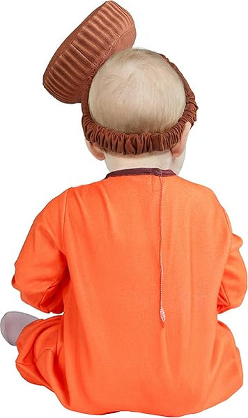 Back of baby wearing the Reese's Peanut Butter Cup costume featuring a bright orange one‑piece jumpsuit styled to look like a classic Reese’s package, printed with bold yellow and black “Reese’s” lettering across the front along with a vertical “Peanut Butter Cups” graphic panel; designed with long sleeves and brown trim accents at the cuffs. The look is completed with a soft plush Reese’s peanut butter cup headpiece, shaped like the iconic chocolate treat