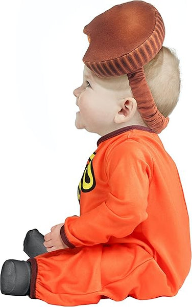 Side of baby wearing the Reese's Peanut Butter Cup costume featuring a bright orange one‑piece jumpsuit styled to look like a classic Reese’s package, printed with bold yellow and black “Reese’s” lettering across the front along with a vertical “Peanut Butter Cups” graphic panel; designed with long sleeves and brown trim accents at the cuffs. The look is completed with a soft plush Reese’s peanut butter cup headpiece, shaped like the iconic chocolate treat