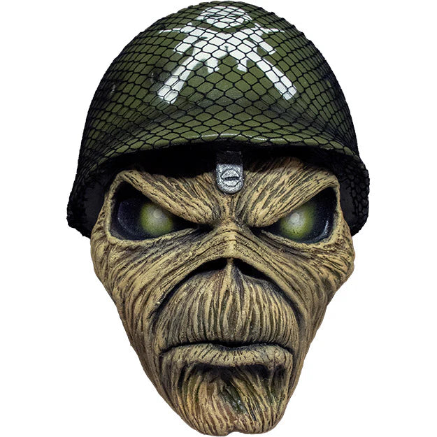 Iron Maiden A Matter of Life and Death Eddie Costume Mask Features a battlefield inspired sculpt with Eddie's signature grim skeletal face and harden expression, wearing a military themed war helmet with logo and attached netting, front view