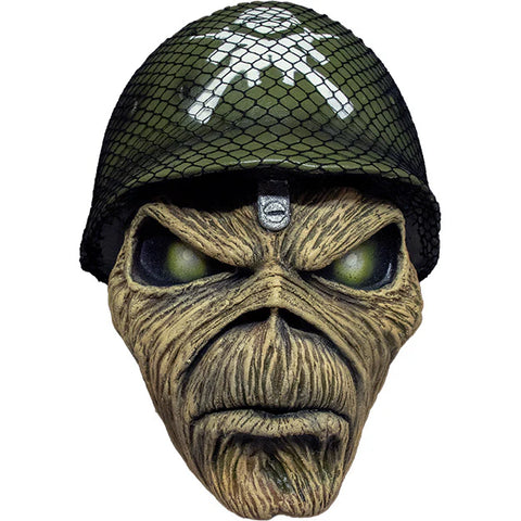 Iron Maiden A Matter of Life and Death Eddie Costume Mask Features a battlefield inspired sculpt with Eddie's signature grim skeletal face and harden expression, wearing a military themed war helmet with logo and attached netting, front view