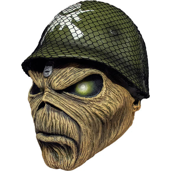 Iron Maiden A Matter of Life and Death Eddie Costume Mask Features a battlefield inspired sculpt with Eddie's signature grim skeletal face and harden expression, wearing a military themed war helmet with logo and attached netting, left profile view