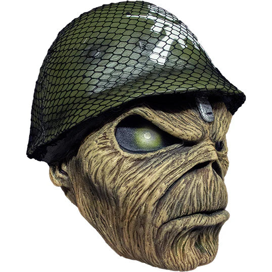 Iron Maiden A Matter of Life and Death Eddie Costume Mask Features a battlefield inspired sculpt with Eddie's signature grim skeletal face and harden expression, wearing a military themed war helmet with logo and attached netting, right side profile