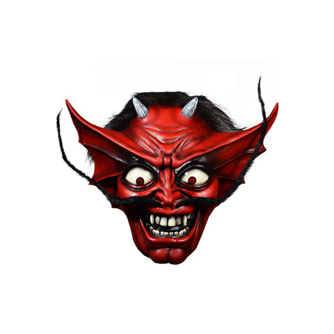 Iron Maiden Number of the Beast Devil Costume Mask features a sinister horned demon latex sculpt inspired by the album artwork, with a snarling expression, sharply defined facial features, pointed ears, arched brows, and dramatic curved horns, finished in vivid devil-red tones with dark shadowing, front view