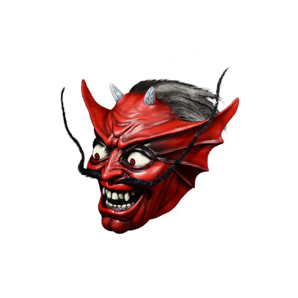 Iron Maiden Number of the Beast Devil Costume Mask features a sinister horned demon latex sculpt inspired by the album artwork, with a snarling expression, sharply defined facial features, pointed ears, arched brows, and dramatic curved horns, finished in vivid devil-red tones with dark shadowing, left side profile