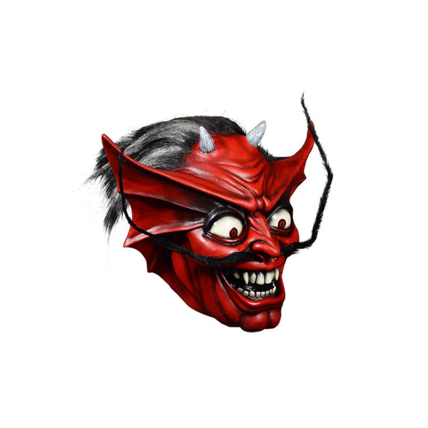 Iron Maiden Number of the Beast Devil Costume Mask features a sinister horned demon latex sculpt inspired by the album artwork, with a snarling expression, sharply defined facial features, pointed ears, arched brows, and dramatic curved horns, finished in vivid devil-red tones with dark shadowing, right side profile