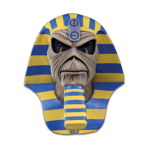 Iron Maiden Powerslave Pharaoh Costume Mask Eddie's featuring towering pharaoh presence with a aged, skeletal face and blue and yellow striped headpiece, front view