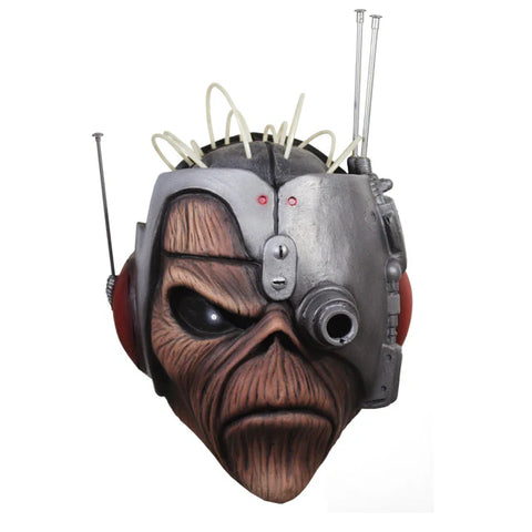 Iron Maiden Somewhere In Time Eddie Costume Mask features a full-coverage sculpt of Eddie's face as skeletal and partially mechanical, with metal plating and exposed machinery integrated into his head and jaw, giving him a harsh, battle‑hardened cyborg appearance, front view