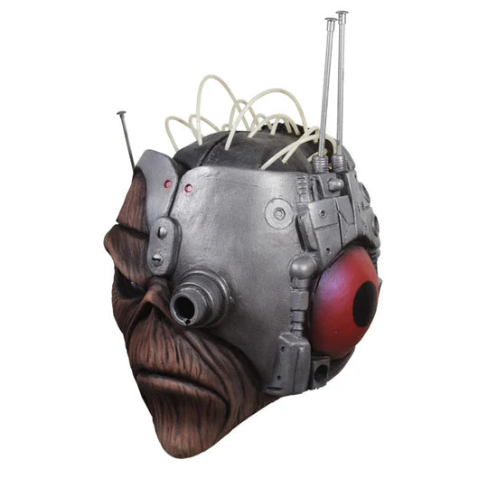 Iron Maiden Somewhere In Time Eddie Costume Mask features a full-coverage sculpt of Eddie's face as skeletal and partially mechanical, with metal plating and exposed machinery integrated into his head and jaw, giving him a harsh, battle‑hardened cyborg appearance, left side profile