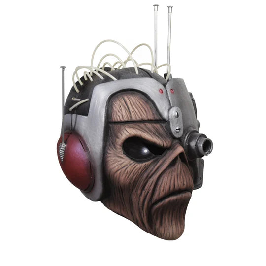 Iron Maiden Somewhere In Time Eddie Costume Mask features a full-coverage sculpt of Eddie's face as skeletal and partially mechanical, with metal plating and exposed machinery integrated into his head and jaw, giving him a harsh, battle‑hardened cyborg appearance, right side profile