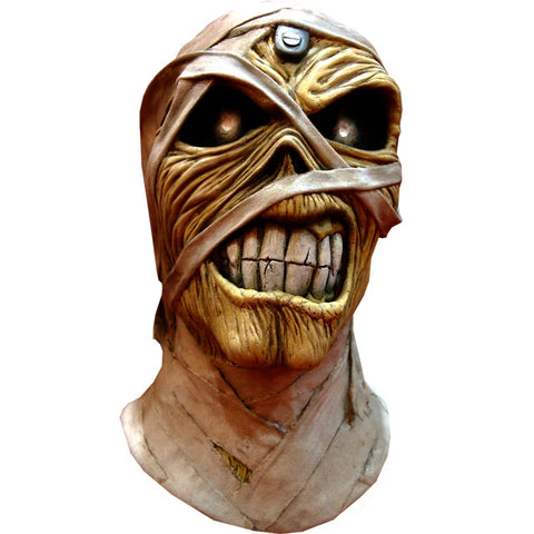Iron Maiden Powerslave Mummy Costume Mask a latex, full-coverage bandage-wrapped Eddie head with an undead face, deep eye sockets, snarling skeleton teeth, front view