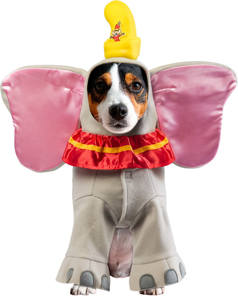 Jack Russel in Pets Dumbo costume featuring a soft gray full‑body outfit designed to resemble Dumbo, with a smooth elephant‑inspired silhouette and fitted leg openings for a clean, cozy look; includes a large attached headpiece with oversized satin‑finish ears lined in light pink, creating the character’s signature wide‑ear profile and attached with a bright red ruffled collar trimmed in yellow around the neckline and topped with a yellow circus hat featuring a small Dumbo graphic, while a gray padded tail