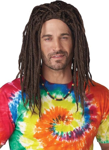 Man wearing a colorful tie-dye shirt and the Jamaican Island Dreads Brown Costume Wig Featuring a long brown synthetic wig styled with multiple thick dreadlock strands that fall past the shoulders, designed with a full cap construction for even coverage and a natural-looking hairline effect.