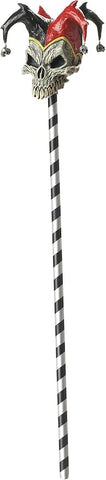Jester Skull Cane Costume Prop Accessory Featuring a black cane measuring approximately 38 inches in length, designed to break down into two pieces, with a spiraled black-and-white shaft and a detailed skull-shaped topper wearing a jester hat in red and black with gold trim, accented by small dangling silver bells at the tips and sculpted facial features including deep eye sockets and a grinning skeletal expression.