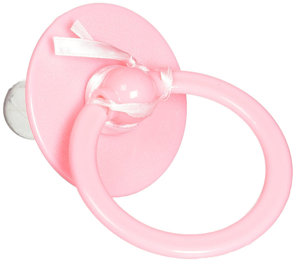 Jumbo Pink Baby Pacifier Costume Prop Accessory Featuring a jumbo pink baby pacifier prop made from lightweight plastic, designed with a round shield, a raised central button, a large circular handle ring, and a clear bulb-shaped mouthpiece