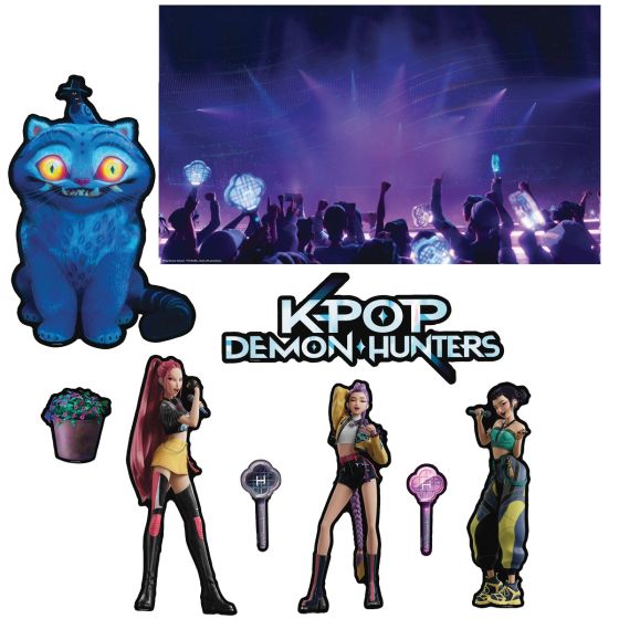 K-Pop Demon Hunters Halloween Trunk or Treat Decoration Kit Featuring multiple character designs in performance poses along with themed props such as microphones and stylized accessories. The set also includes a large header sign displaying the KPOP Demon Hunters logo and a concert-style backdrop panel designed to fit inside an open trunk space, along with three character sheets and 24 pieces of 3M double-stick foam for easy setup and secure placement.