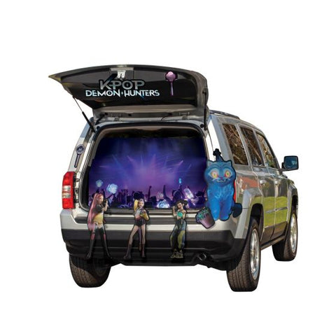 K-Pop Demon Hunters Halloween Trunk or Treat Decoration Kit Featuring multiple character designs in performance poses along with themed props such as microphones and stylized accessories. The set also includes a large header sign displaying the KPOP Demon Hunters logo and a concert-style backdrop panel designed to fit inside an open trunk space, along with three character sheets and 24 pieces of 3M double-stick foam for easy setup and secure placement.