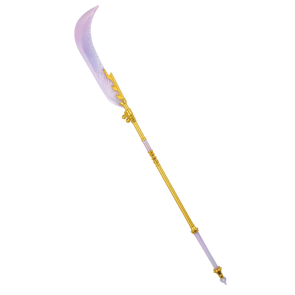 K-Pop Demon Hunters Mira Moon Blade Costume Prop Weapon featuring a long, crescent‑shaped blade crafted from lightweight molded plastic with a translucent lavender finish, designed with subtle etched wave patterns along the surface for a mystical, energy‑inspired effect. The blade is attached to a detailed gold‑tone staff with sculpted accents, ridged grip sections, and decorative connectors, creating a sleek, elongated silhouette. 