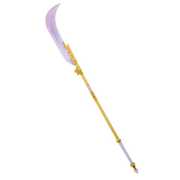 K-Pop Demon Hunters Mira Moon Blade Costume Prop Weapon featuring a long, crescent‑shaped blade crafted from lightweight molded plastic with a translucent lavender finish, designed with subtle etched wave patterns along the surface for a mystical, energy‑inspired effect. The blade is attached to a detailed gold‑tone staff with sculpted accents, ridged grip sections, and decorative connectors, creating a sleek, elongated silhouette. 