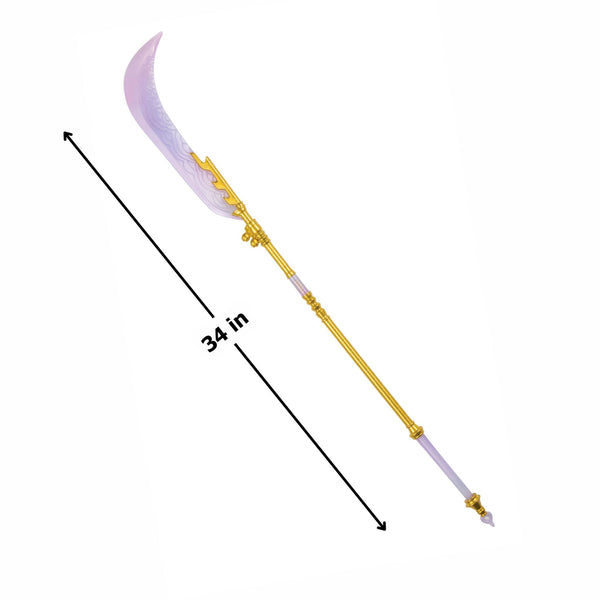 K-Pop Demon Hunters Mira Moon Blade Costume Prop Weapon featuring a long, crescent‑shaped blade crafted from lightweight molded plastic with a translucent lavender finish, designed with subtle etched wave patterns along the surface for a mystical, energy‑inspired effect. The blade is attached to a detailed gold‑tone staff with sculpted accents, ridged grip sections, and decorative connectors, creating a sleek, elongated silhouette.