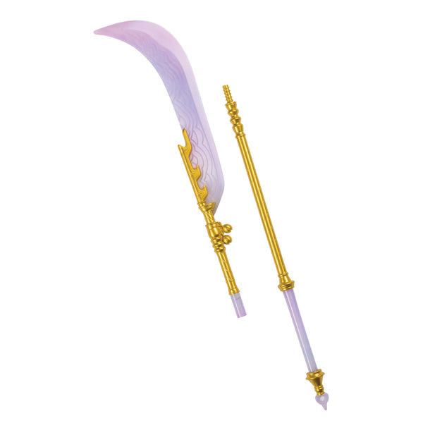 Unassembled K-Pop Demon Hunters Mira Moon Blade Costume Prop Weapon featuring a long, crescent‑shaped blade crafted from lightweight molded plastic with a translucent lavender finish, designed with subtle etched wave patterns along the surface for a mystical, energy‑inspired effect. The blade is attached to a detailed gold‑tone staff with sculpted accents, ridged grip sections, and decorative connectors, creating a sleek, elongated silhouette.