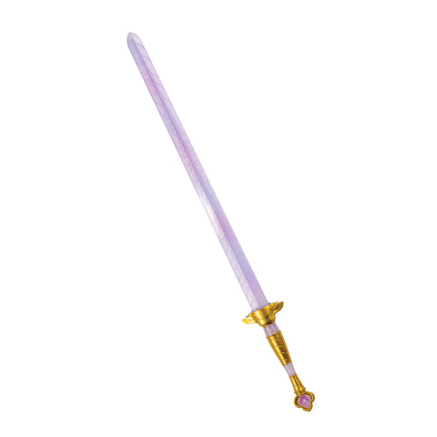 K-Pop Demon Hunters Rumi Four Tigers Sword Costume Prop Weapon features a long, slender molded plastic blade designed with a translucent lavender finish and subtle etched patterning running along the length for a mystical, energy‑charged appearance. The sword includes a gold‑tone hilt with sculpted detailing, a ridged grip handle, and a decorative pommel tip accented with a small emblem detail. Measures approximately 24 inches in length