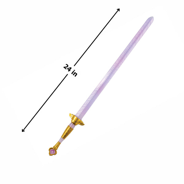 K-Pop Demon Hunters Rumi Four Tigers Sword Costume Prop Weapon features a long, slender molded plastic blade designed with a translucent lavender finish and subtle etched patterning running along the length for a mystical, energy‑charged appearance. The sword includes a gold‑tone hilt with sculpted detailing, a ridged grip handle, and a decorative pommel tip accented with a small emblem detail. Measures approximately 24 inches in length