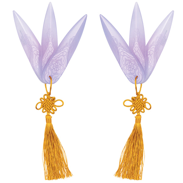 K-Pop Demon Hunters Zoey Spirit Blades Costume Prop Weapons features   a matching pair of lightweight molded plastic blades designed with a sleek, pointed silhouette and translucent lavender finish. Each blade is detailed with engraved geometric and mystical patterns along the surface, giving them an ethereal, energy‑charged appearance. The set is accented with bright gold cord handles and long tassel ends, adding movement and visual contrast while enhancing the overall stylized design.