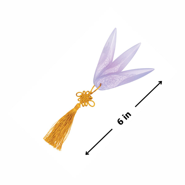K-Pop Demon Hunters Zoey Spirit Blades Costume Prop Weapons measures approximately 6" and features a matching pair of lightweight molded plastic blades designed with a sleek, pointed silhouette and translucent lavender finish. Each blade is detailed with engraved geometric and mystical patterns along the surface, giving them an ethereal, energy‑charged appearance. The set is accented with bright gold cord handles and long tassel ends, adding movement and visual contrast while enhancing the overall stylized