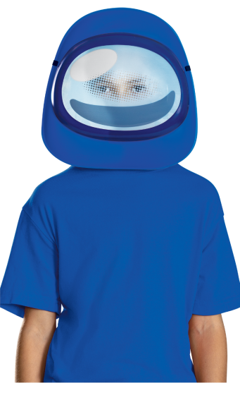 Child in Kids Among Us Blue Impostor Costume Mask Featuring a molded plastic mask in a rounded crewmate-style shape, this accessory is designed in a solid blue exterior with a large oval visor panel at the front. The visor features a light blue gradient with a reflective-style dotted pattern, while the back includes an elastic strap for secure placement and interior spacing tabs for structure and comfort during wear.