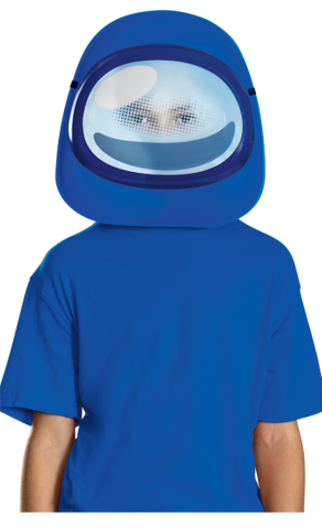 Child in Kids Among Us Blue Impostor Costume Mask Featuring a molded plastic mask in a rounded crewmate-style shape, this accessory is designed in a solid blue exterior with a large oval visor panel at the front. The visor features a light blue gradient with a reflective-style dotted pattern, while the back includes an elastic strap for secure placement and interior spacing tabs for structure and comfort during wear.