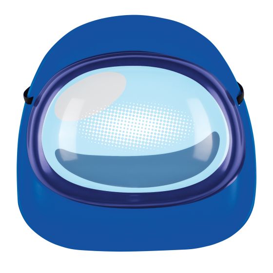 Front of Kids Among Us Blue Impostor Costume Mask Featuring a molded plastic mask in a rounded crewmate-style shape, this accessory is designed in a solid blue exterior with a large oval visor panel at the front. The visor features a light blue gradient with a reflective-style dotted pattern, while the back includes an elastic strap for secure placement and interior spacing tabs for structure and comfort during wear.