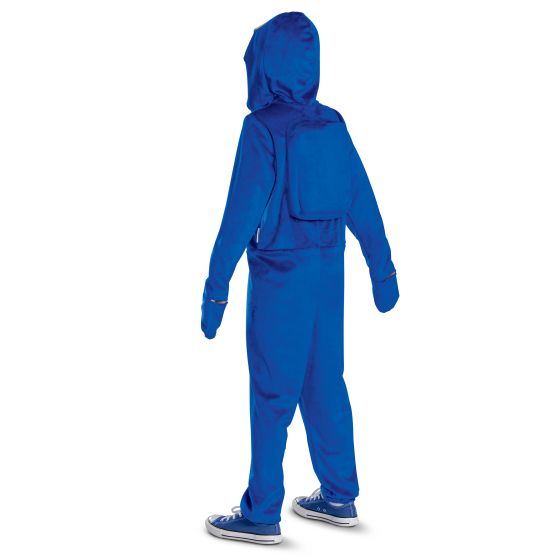 Back of the Kids Among Us Blue Impostor Hooded Jumpsuit Costume Featuring a full-length blue hooded jumpsuit with a loose-fit silhouette, this costume includes long sleeves with attached mitten-style glove extensions and a front zipper closure. The hood features a printed visor graphic at the front, while the back includes a raised, square-shaped backpack detail to mimic the iconic crewmate design.