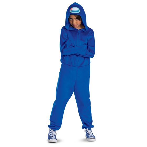 Child in the Kids Among Us Blue Impostor Hooded Jumpsuit Costume Featuring a full-length blue hooded jumpsuit with a loose-fit silhouette, this costume includes long sleeves with attached mitten-style glove extensions and a front zipper closure. The hood features a printed visor graphic at the front, while the back includes a raised, square-shaped backpack detail to mimic the iconic crewmate design.