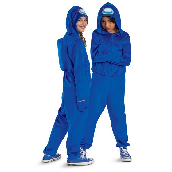 Children in the Kids Among Us Blue Impostor Hooded Jumpsuit Costume Featuring a full-length blue hooded jumpsuit with a loose-fit silhouette, this costume includes long sleeves with attached mitten-style glove extensions and a front zipper closure. The hood features a printed visor graphic at the front, while the back includes a raised, square-shaped backpack detail to mimic the iconic crewmate design.