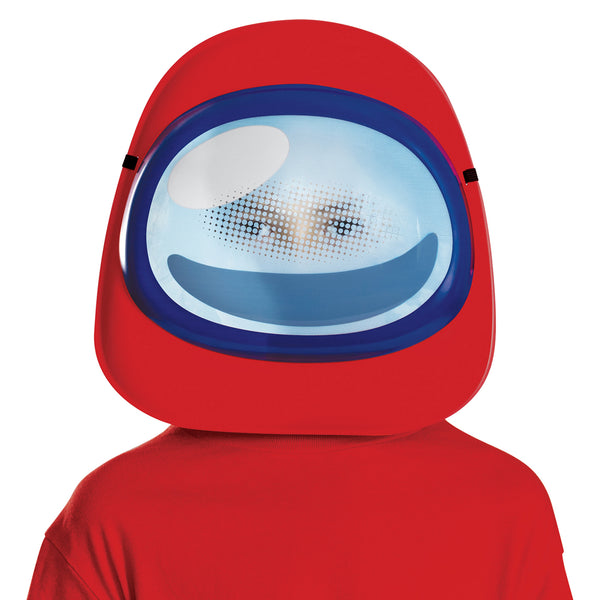 Kids Among Us Red Impostor Costume Mask featuring a molded red character mask designed to replicate the iconic Among Us crewmate look, complete with a large front “visor” panel printed in shades of light blue and white with a glossy highlight effect. The visor includes a perforated mesh area that allows for visibility while maintaining the smooth, rounded appearance of the character. The mask is secured with attached elastic straps at the sides.