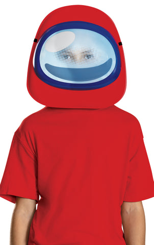 Kids Among Us Red Impostor Costume Mask featuring a molded red character mask designed to replicate the iconic Among Us crewmate look, complete with a large front “visor” panel printed in shades of light blue and white with a glossy highlight effect. The visor includes a perforated mesh area that allows for visibility while maintaining the smooth, rounded appearance of the character. The mask is secured with attached elastic straps at the sides.