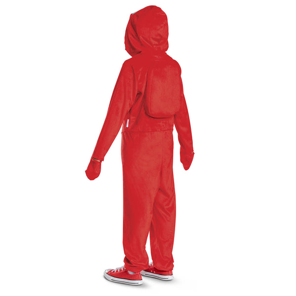 Back of kid wearing the Kids Among Us Red Impostor Hooded Jumpsuit Costume featuring  a full‑body red jumpsuit designed with a soft, velour‑style fabric for a smooth and slightly textured finish, styled in the signature rounded shape of an Among Us crewmate. The costume includes a front zipper closure for easy wear, long sleeves, and relaxed pant legs for comfortable movement. An attached hood features a printed blue visor graphic with highlight detail, while a padded “backpack” panel is sewn onto the back 