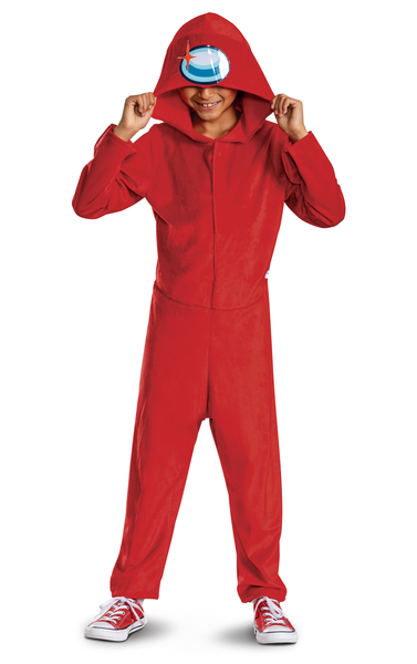 Boy wearing the Kids Among Us Red Impostor Hooded Jumpsuit Costume featuring a full‑body red jumpsuit designed with a soft, velour‑style fabric for a smooth and slightly textured finish, styled in the signature rounded shape of an Among Us crewmate. The costume includes a front zipper closure for easy wear, long sleeves, and relaxed pant legs for comfortable movement. An attached hood features a printed blue visor graphic with highlight detail, while a padded “backpack” panel is sewn onto the back 