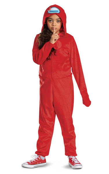 Girl wearing the Kids Among Us Red Impostor Hooded Jumpsuit Costume featuring  a full‑body red jumpsuit designed with a soft, velour‑style fabric for a smooth and slightly textured finish, styled in the signature rounded shape of an Among Us crewmate. The costume includes a front zipper closure for easy wear, long sleeves, and relaxed pant legs for comfortable movement. An attached hood features a printed blue visor graphic with highlight detail, while a padded “backpack” panel is sewn onto the back 